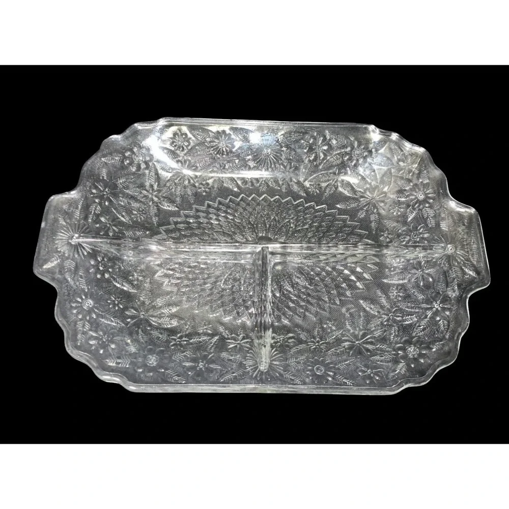 Indiana Glass Pineapple and Floral 3-Part Divided Relish Dish 1930s